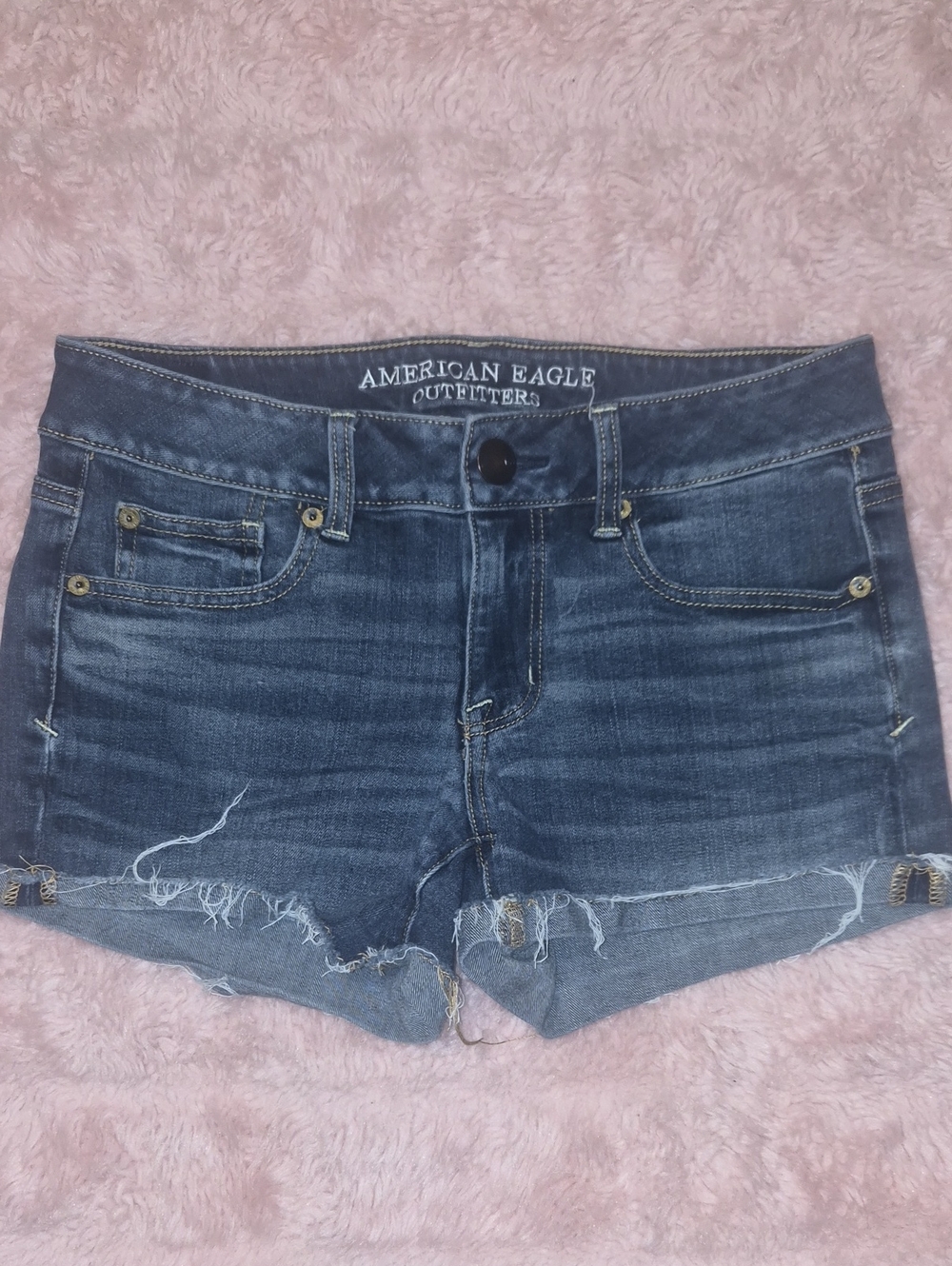 American Eagle Outfitters Dark Blue Frayed Hem Denim Shorts